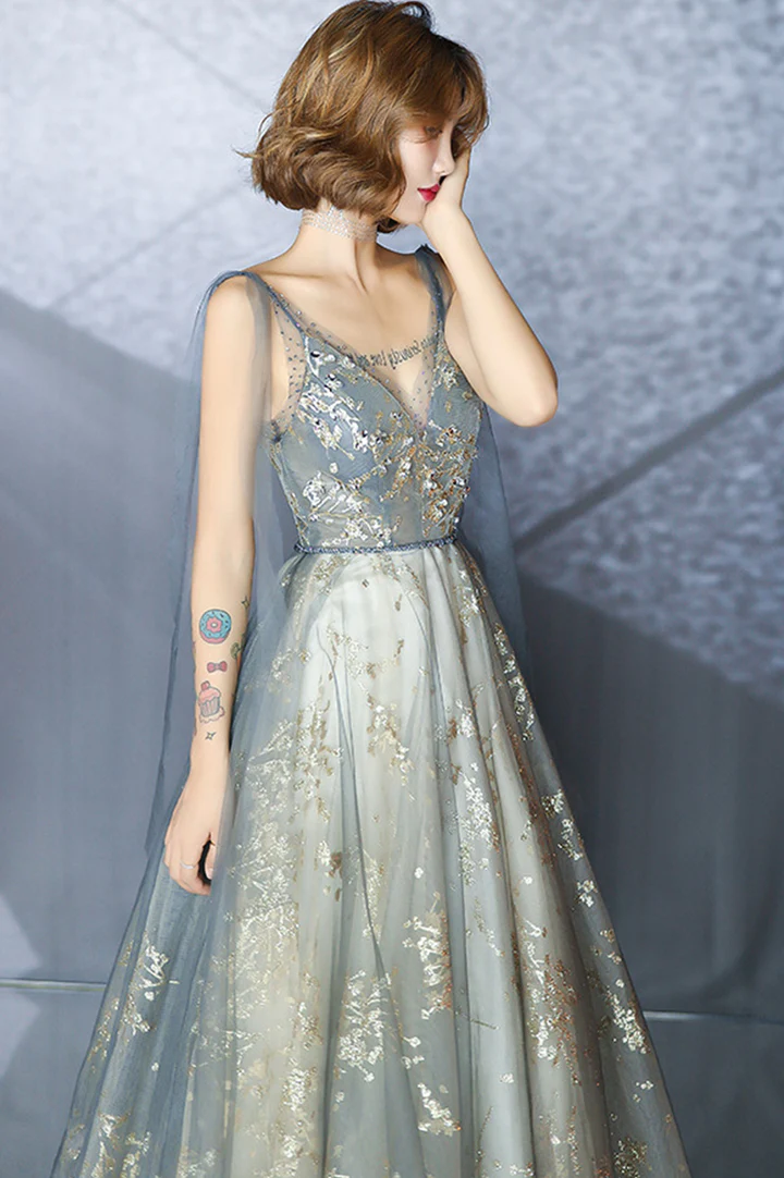V-neckline Sexy Shiny Tulle A-line Long Prom Dress
