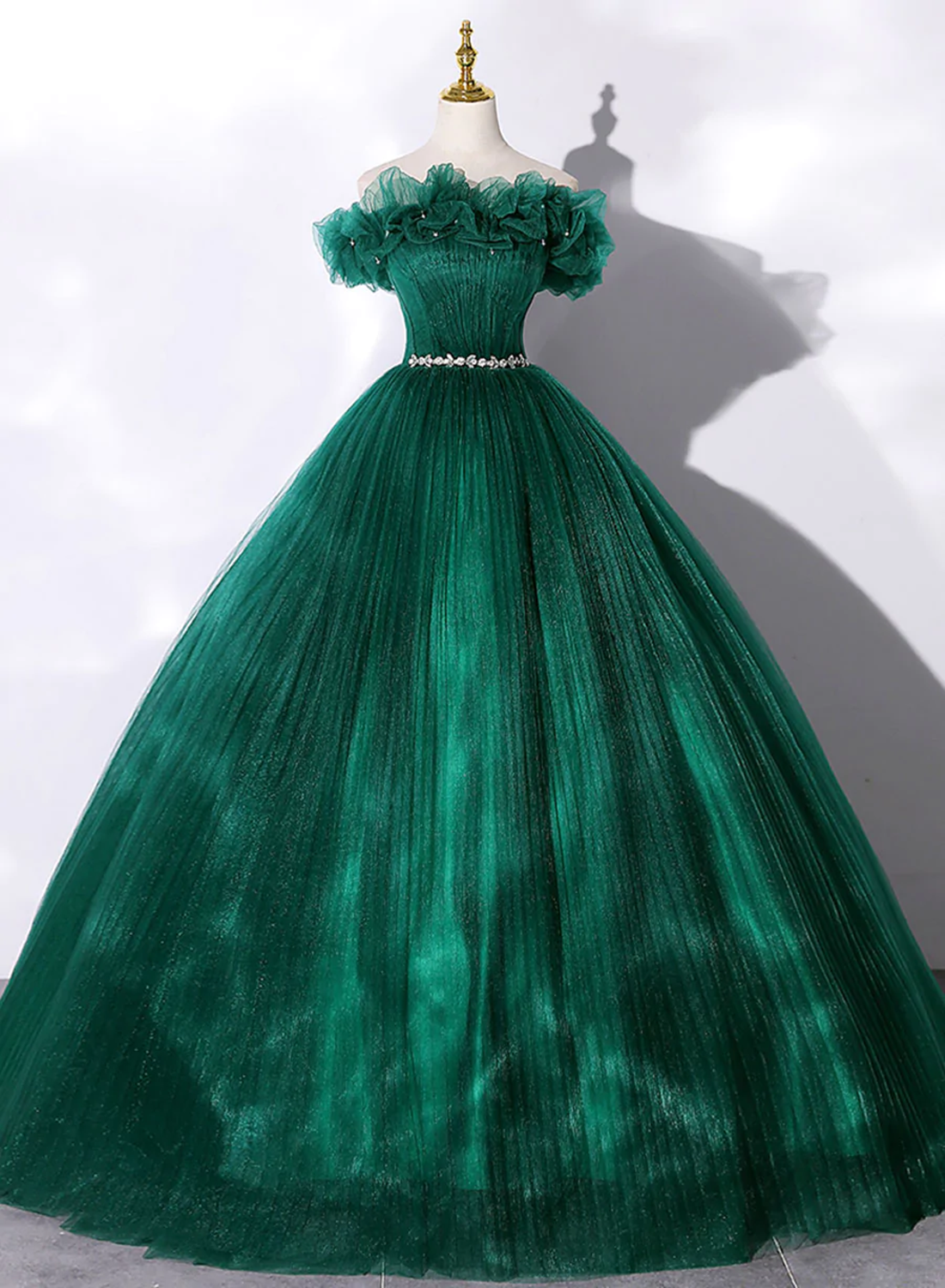 Vestido de fiesta de quinceañera con cintura de cuentas de tul verde 