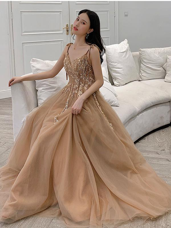 Champagne V-neckline Tulle with Lace Party Dress