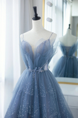 Blue Tulle Gorgeous V Neck Long Prom Dress