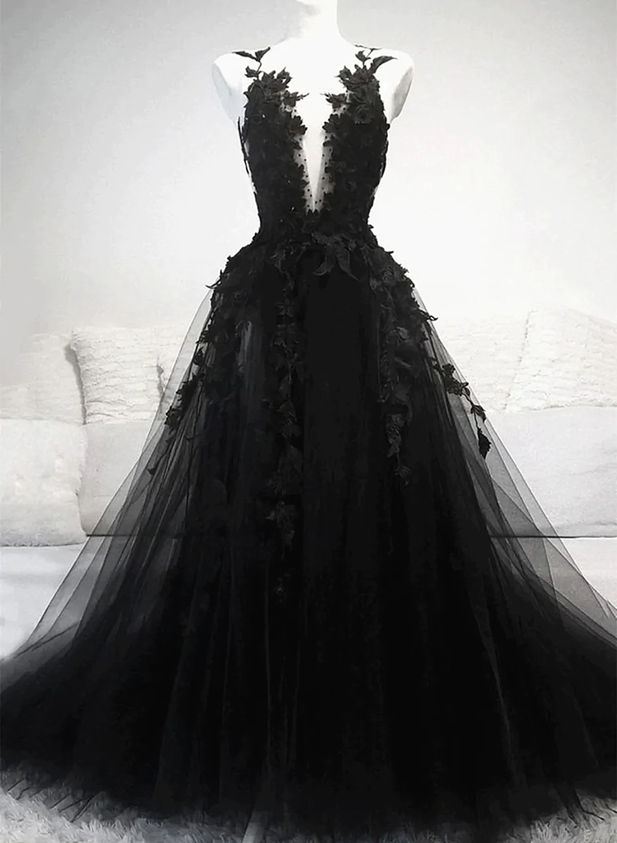 Vestido de fiesta largo de tul con encaje en línea A negro 