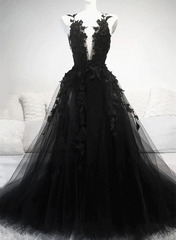 Vestido de fiesta largo de tul con encaje en línea A negro 