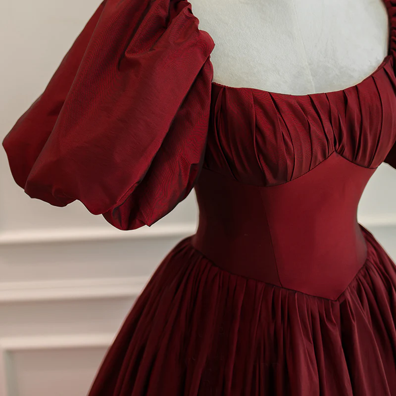 Burgundy Puffy Sleeves Taffeta Long Prom Dress