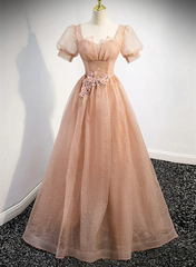 Vestido de fiesta de tul rosa con mangas cortas 