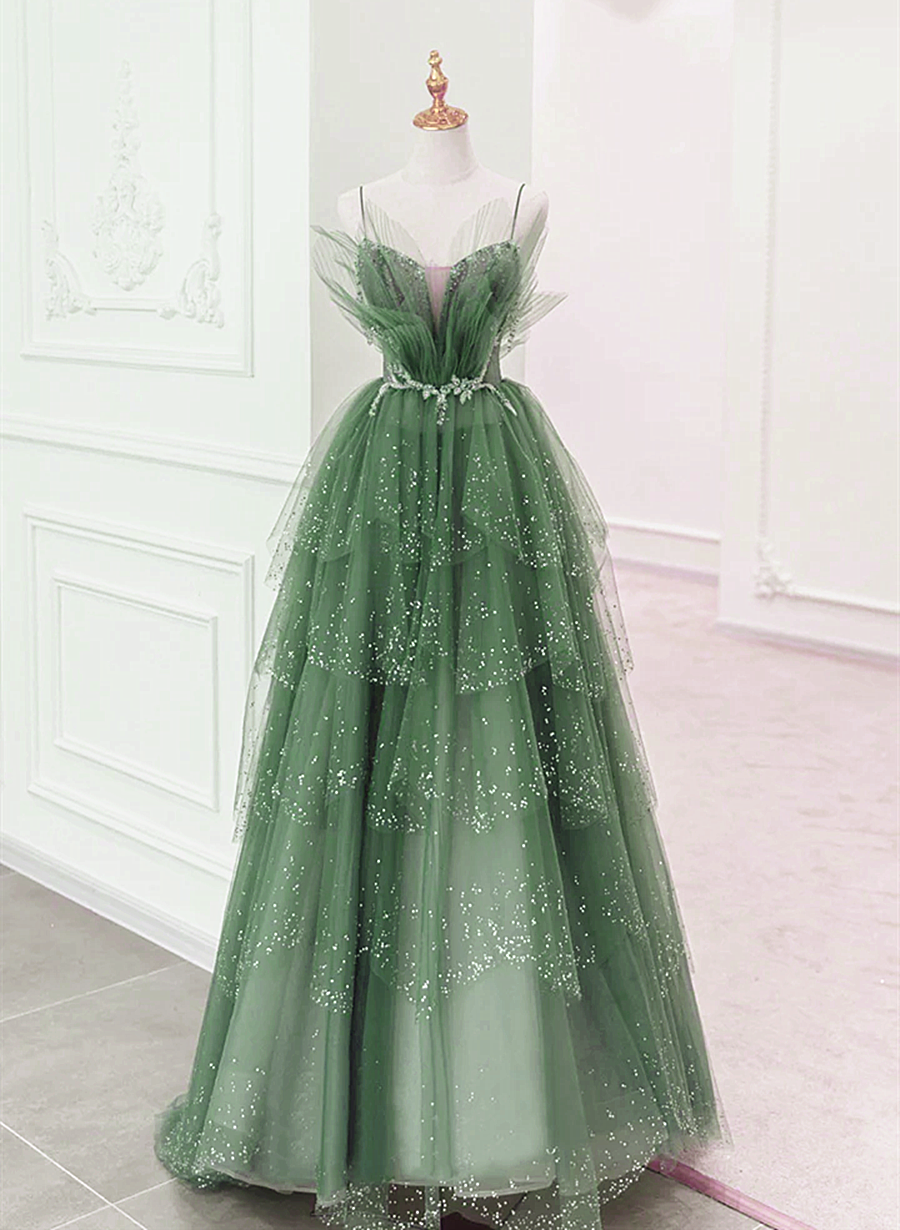 Glam Green Layers Tulle Straps Beaded Long Party Dress