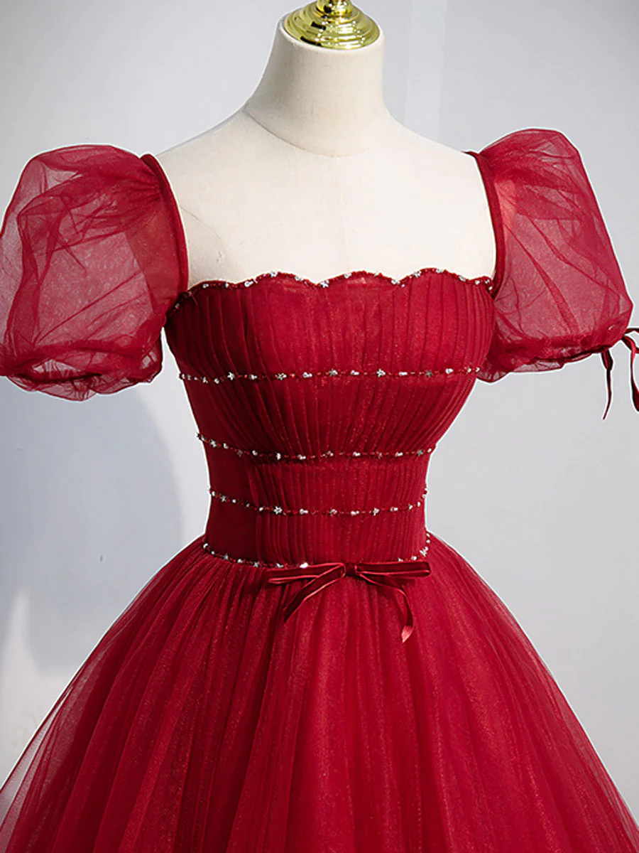 Vestido de fiesta largo de tul rojo vino con cuentas y corte en A 