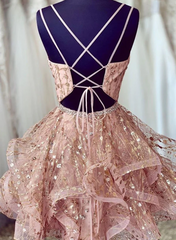 Vestido corto de fiesta con tirantes de tul rosa y cordones para regreso a casa 