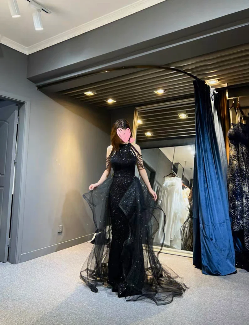 Black Halter Tulle Layers Long Prom Dress with Sequins