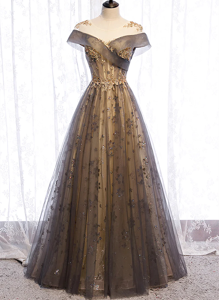 Grey A-line Tulle and Lace Long Prom Dress