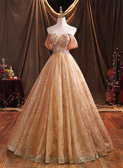 Gold Tulle with Beaded Long Sweet 16 Dress