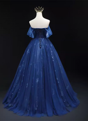 Vestido de fiesta de tul azul marino con escote en forma de A y corte en A 