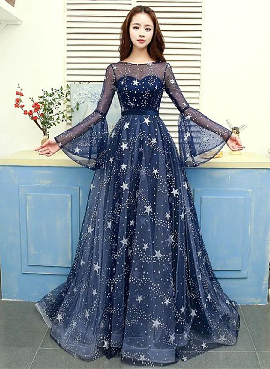 A-line Navy Blue Round Neckline Long Party Dress