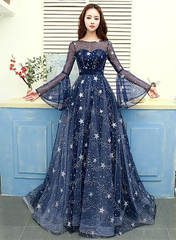 A-line Navy Blue Round Neckline Long Party Dress