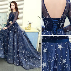 A-line Navy Blue Round Neckline Long Party Dress