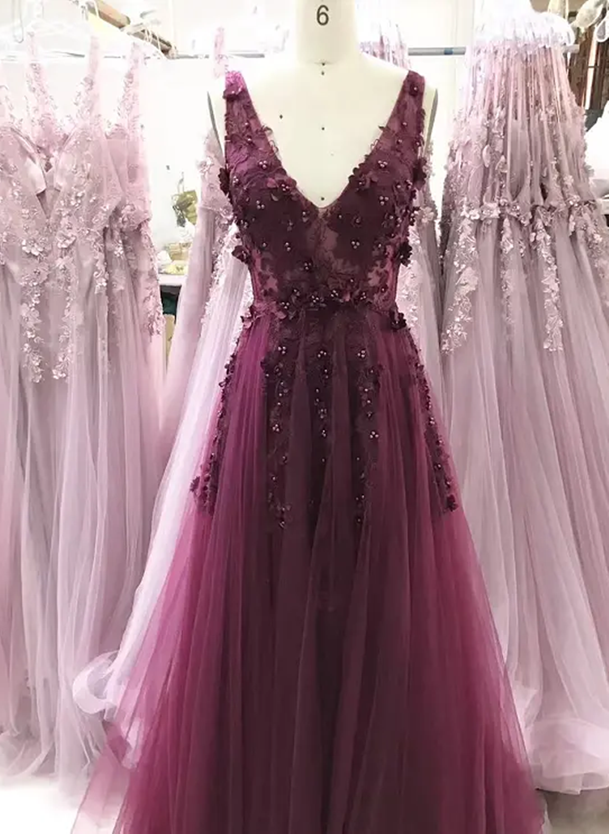 A-line V-neckline Flowers Tulle  Evening Dress Prom Dress