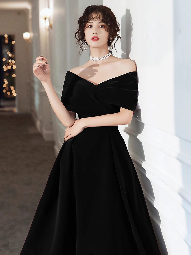 Black Velvet Tea Length Off Shoulder Party Dress