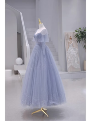 Blue Short Sleeves Tulle Long Sweetheart Party Dress