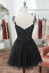 Vestido corto de fiesta elegante de tul con tirantes de encaje negro 