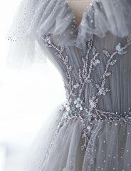 Chic Grey Beaded Layers Tulle Long Formal Dress