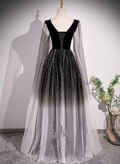 Vestido de fiesta de tul negro brillante con degradado y escote en V 