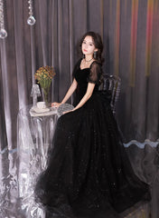 A-line Black Tulle and Velvet Short Sleeves Prom Dress
