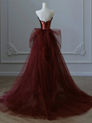 Wine Red Sequins and Tulle Beaded Long Party Dress