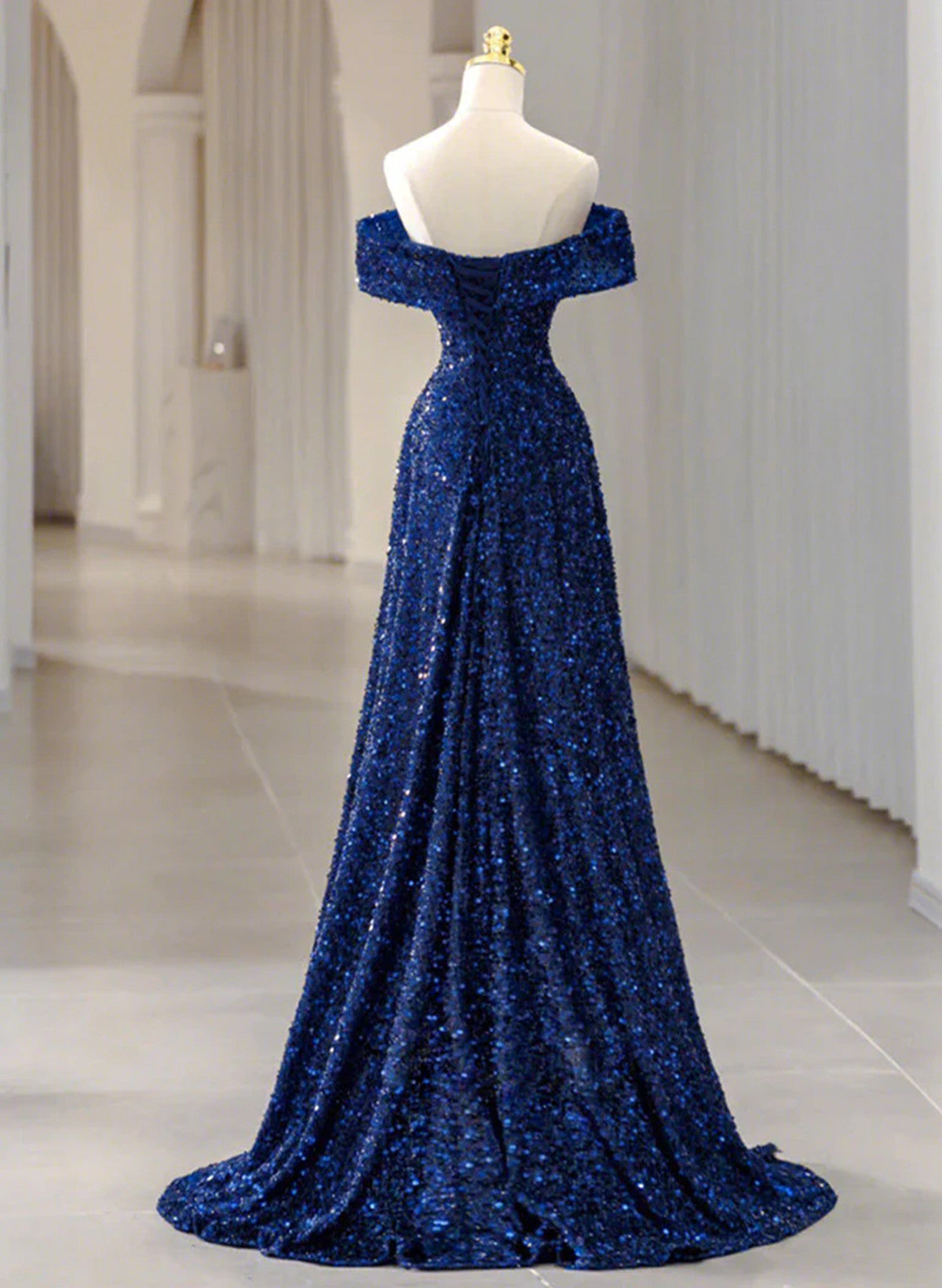 A-line Blue Sequins Off Shoulder Prom Dress