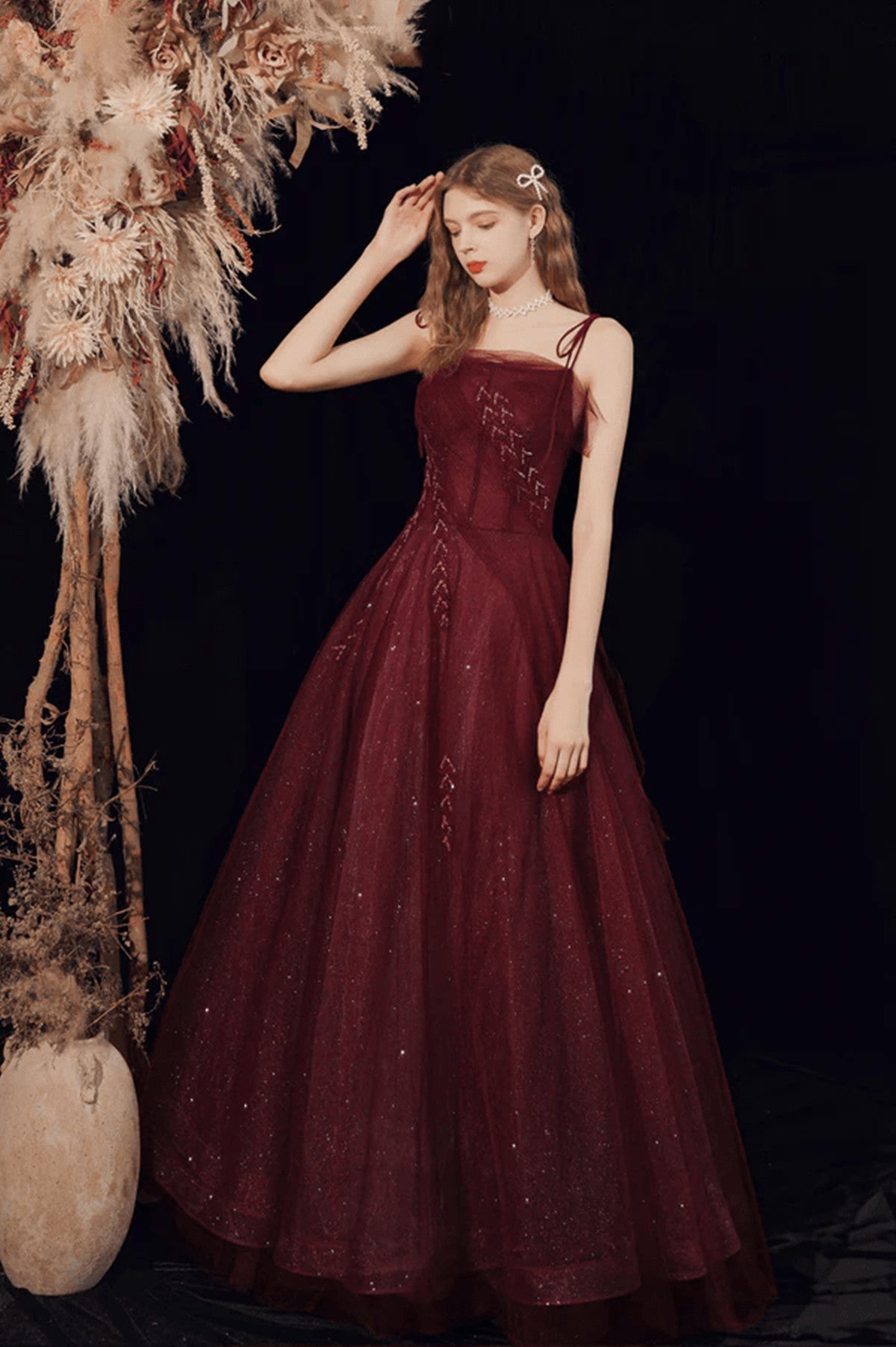 Wine Red Straps Tulle Beaded Long Prom Dress