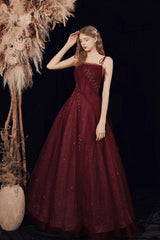 Wine Red Straps Tulle Beaded Long Prom Dress