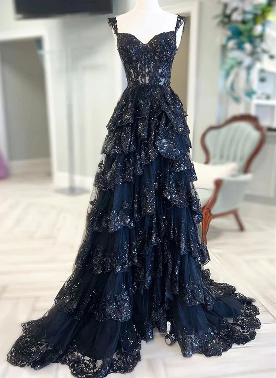 Vestido de fiesta azul marino de tul con escote en forma de A y escote en forma de corazón 