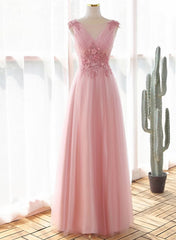Vestido largo de fiesta de tul rosa con escote en V y encaje 