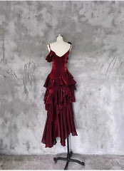 Wine Red High Low Straps Homecoming Dress Party Dress