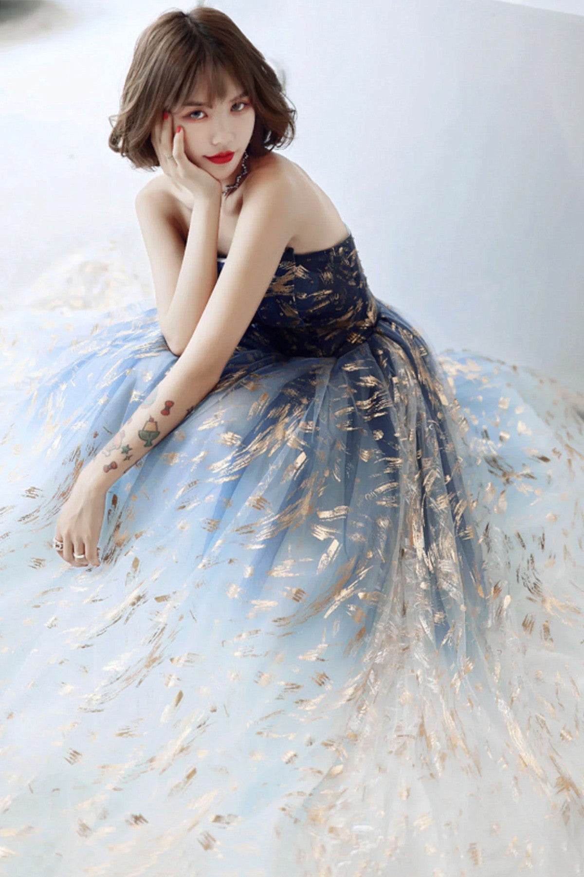 Blue Gradient Beaded A-line Floor Length Party Dress