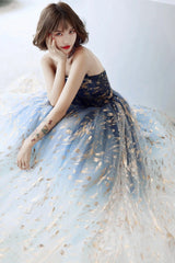 Blue Gradient Beaded A-line Floor Length Party Dress
