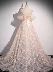 Vestido formal de encaje con flores y hombros descubiertos en forma de A 