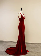Wine Red Velvet V-neckline Long Party Dress