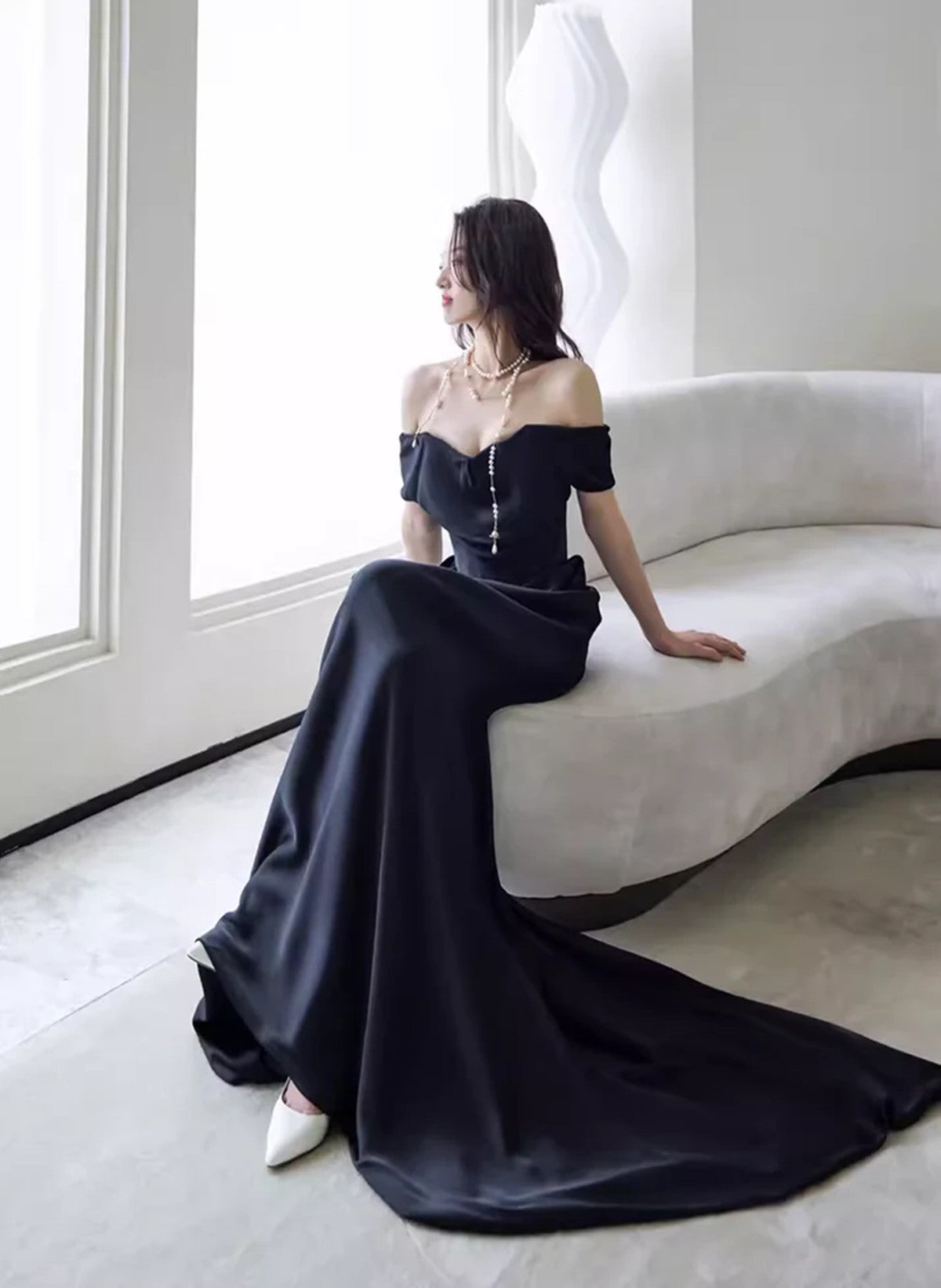 Black Off Shoulder Soft Satin Floor Length Party Dress