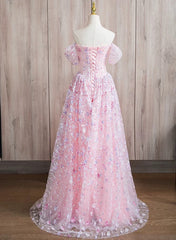 Vestido de fiesta rosa con encaje, corte A, hombros descubiertos y largo hasta el suelo 