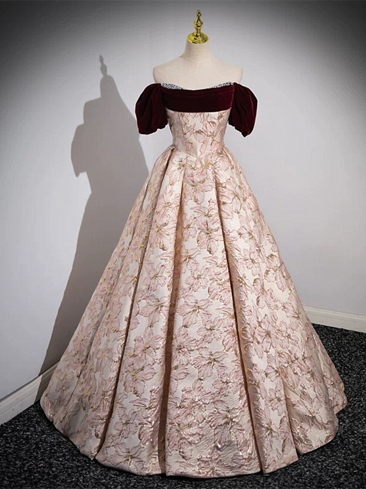 Pink Floral Off Shoulder Beaded Long Prom Dress