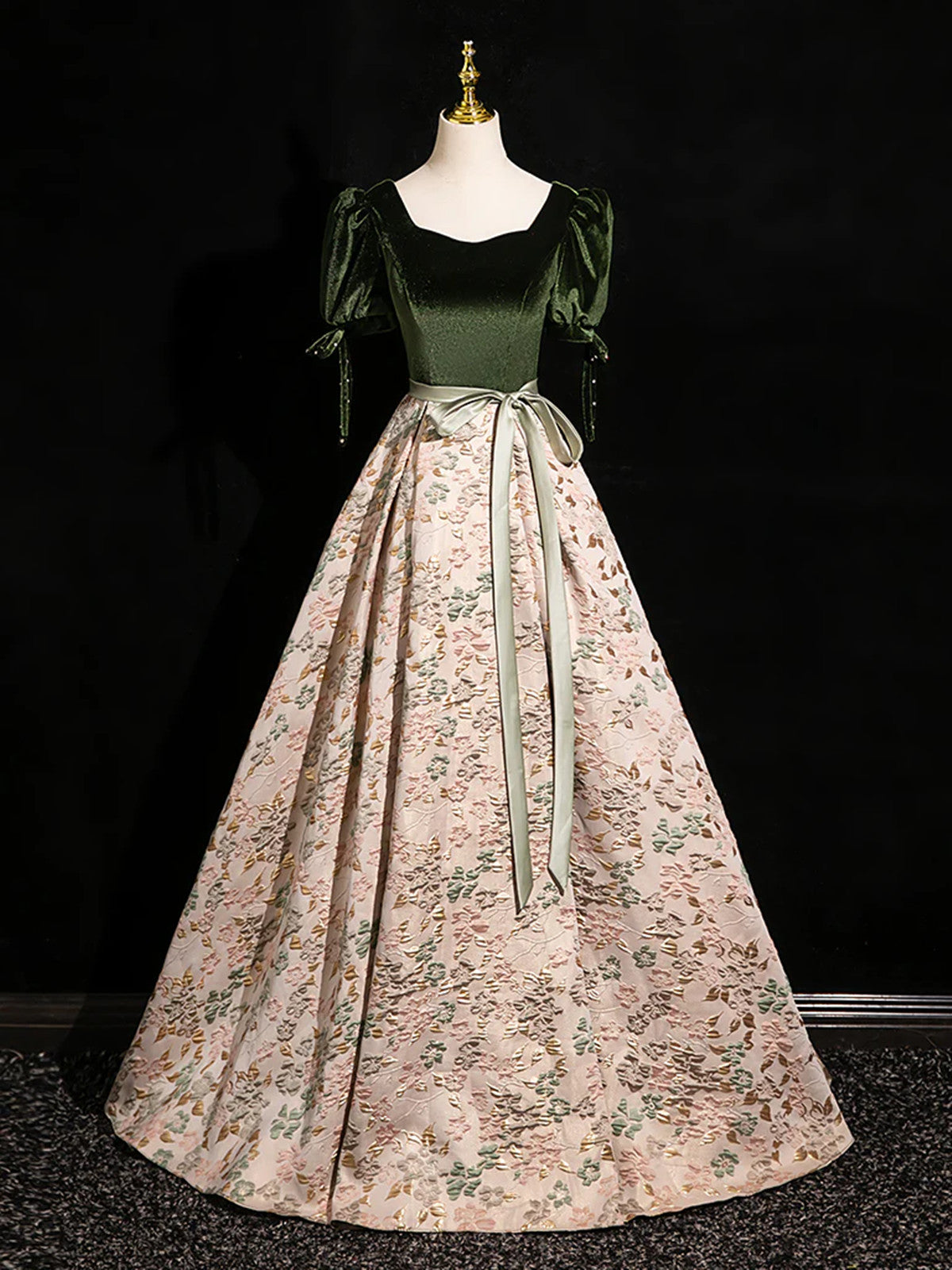 Green Velvet Floral Satin Long A-line Prom Dress
