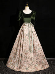 Green Velvet Floral Satin Long A-line Prom Dress