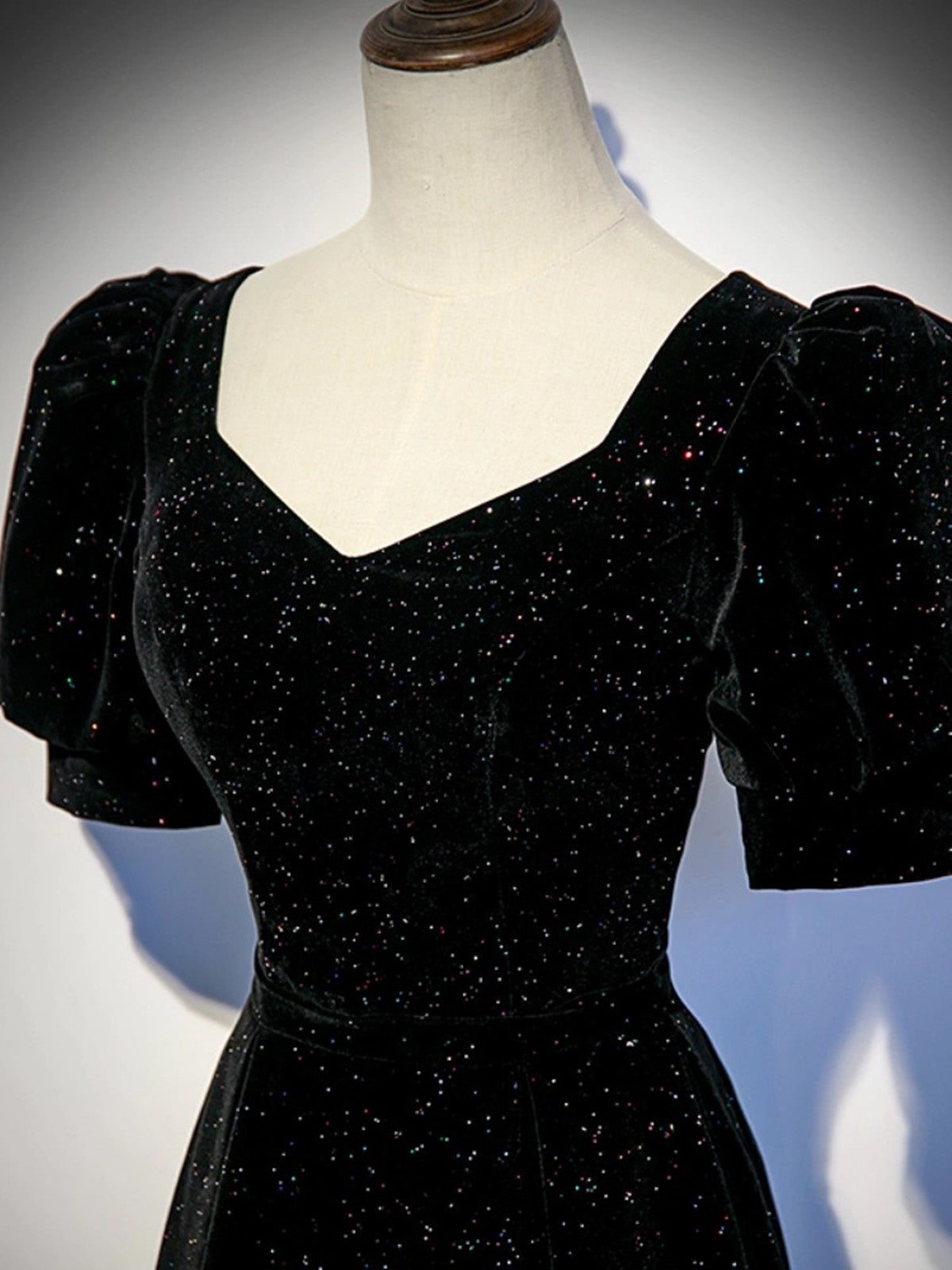 A-line Black Shiny Velvet Short Sleeves Prom Dress