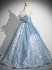 Blue A-line Lace and Tulle Long Formal Dress