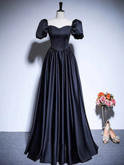 A-line Simple Satin Short Sleeves Prom Dress