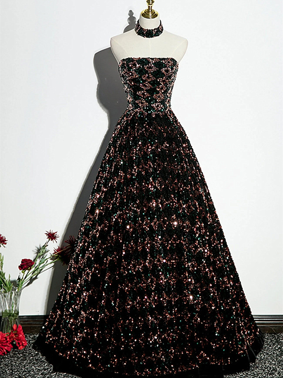 Vestido de fiesta elegante de corte A con lentejuelas 