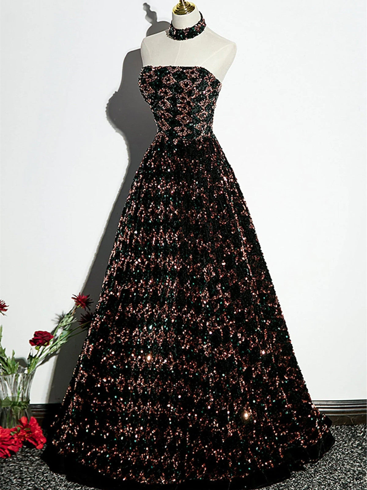 Vestido de fiesta elegante de corte A con lentejuelas 