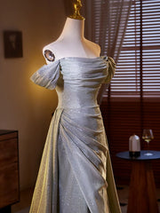 Vestido de fiesta largo con hombros descubiertos, corte A, color gris plateado 