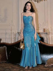 Blue Mermaid Straps Long Sweetheart Prom Dress