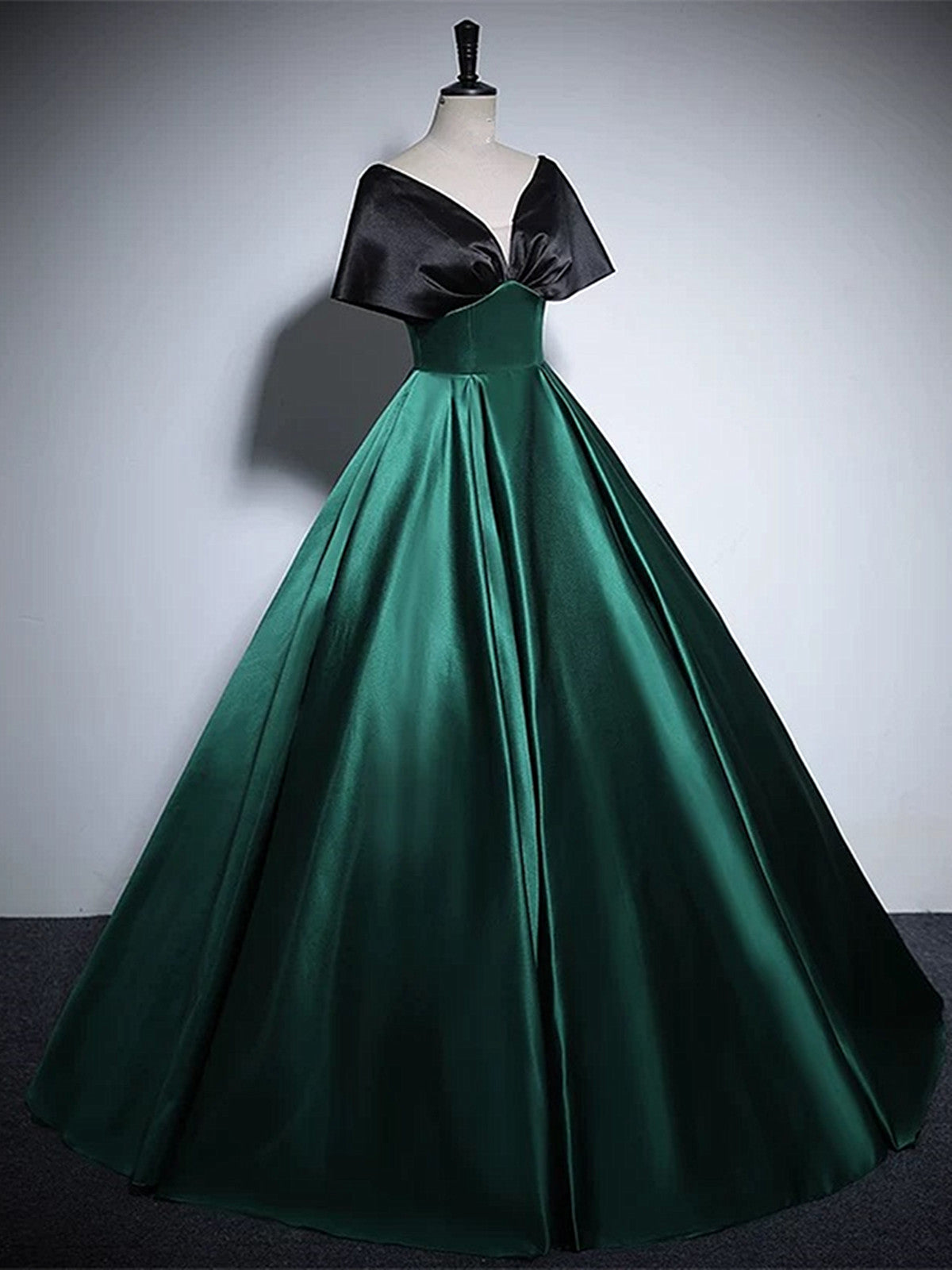 Black and Green Satin Off Shoulder Long Party Dress