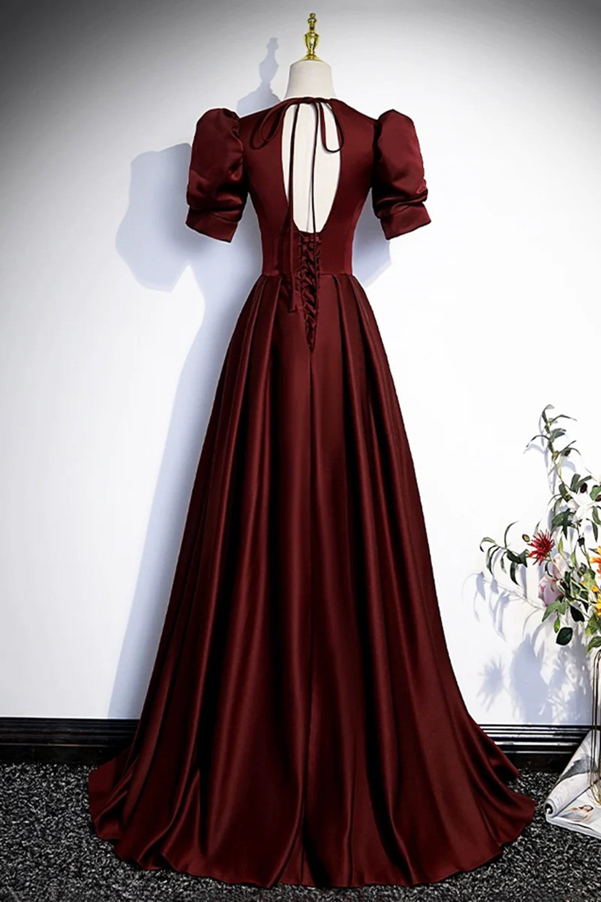 A-line Short Sleeves V-neckline Satin Prom Dress